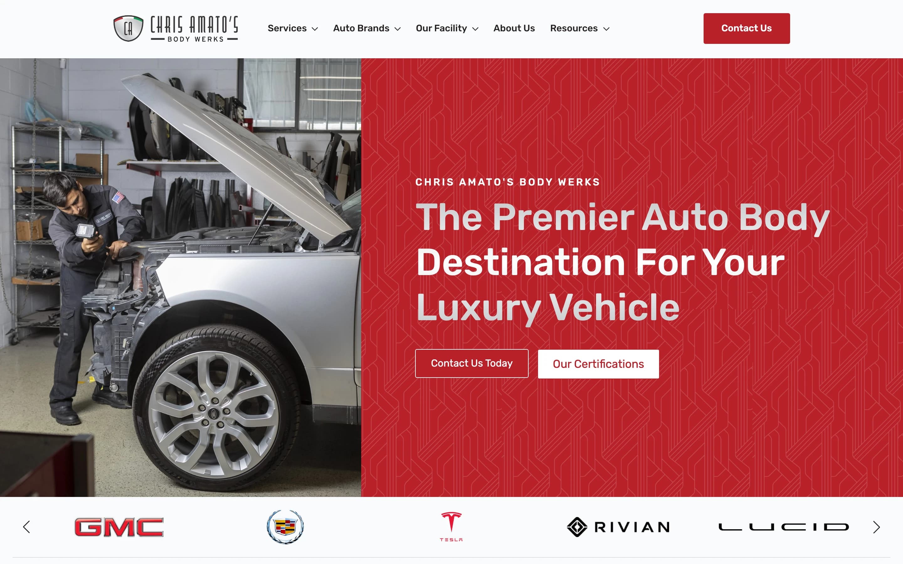 Chris Amato’s Body Werks website, with a red hero and workshop photography