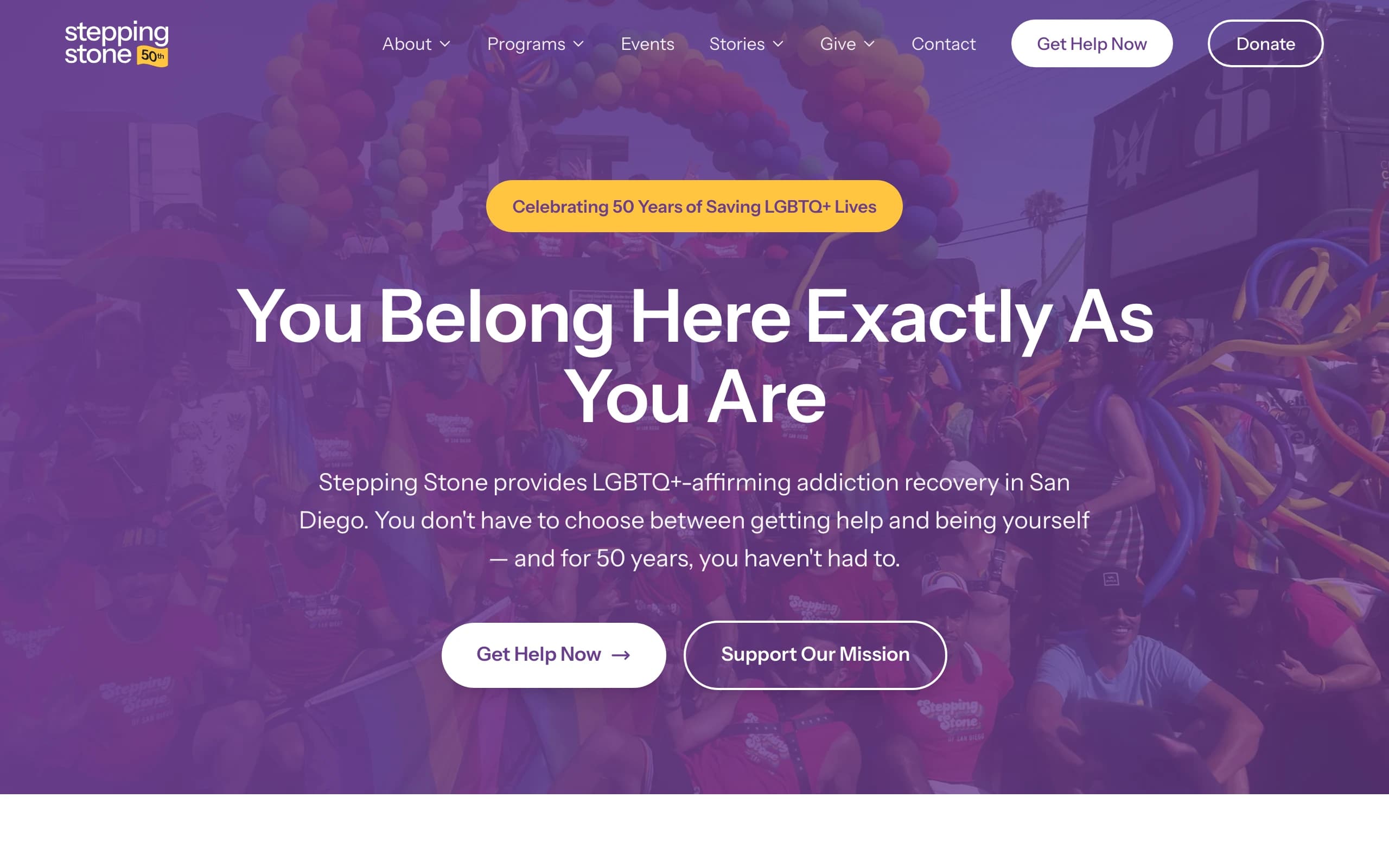 Stepping Stone website, with a purple community photograph and welcome headline